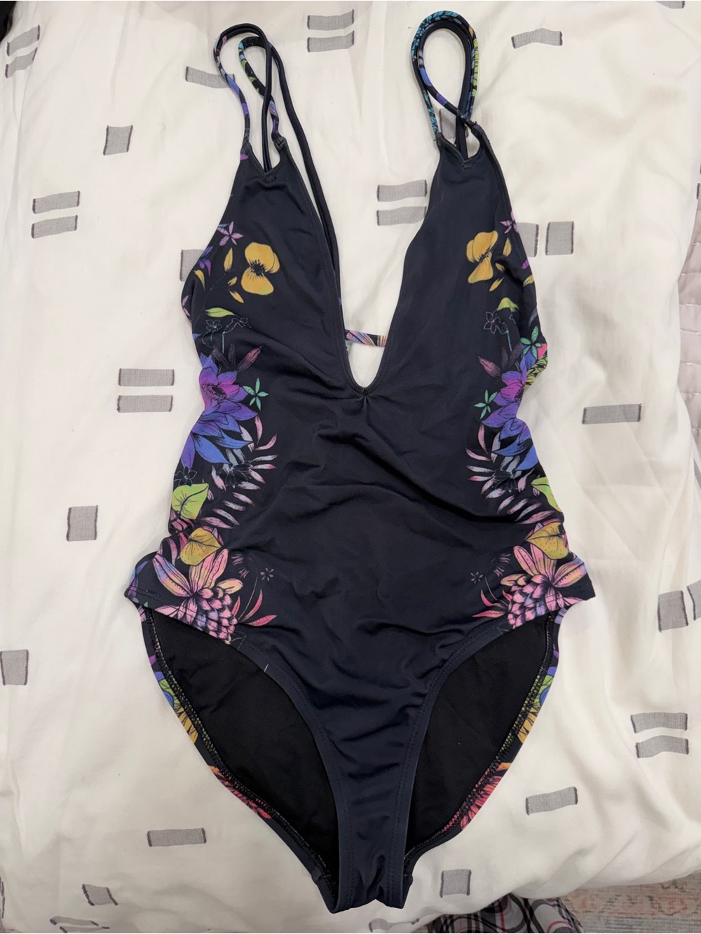 UO Black Low V, Open Back, High Cut Floral One-Piece Swimsuit